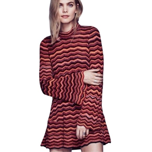 Free People Ziggy Chevron Bell Sleeve Sweater Dress Autumnal Retro Size M - Picture 1 of 12